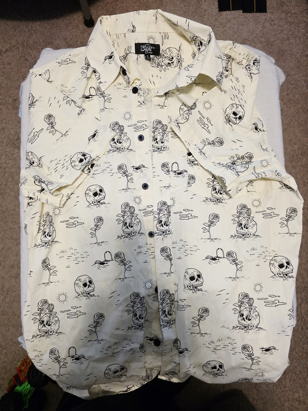 Eighty Eight Cream Shirt with Black Skull & Rose Print Size M